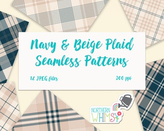 Navy and Beige Plaid Digital Paper - neutral diagonal plaid seamless patterns