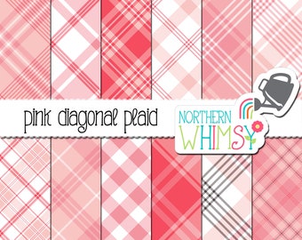 Pink Plaid Digital Paper - diagonal seamless patterns