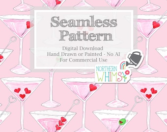 Valentine's Day Seamless Pattern for Commercial Use - Hand Painted Pink Martini Cocktails - "Valentinis"