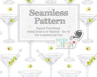 Martini Seamless Pattern for Commercial Use - Hand Painted Cocktails in Green, Grey & White