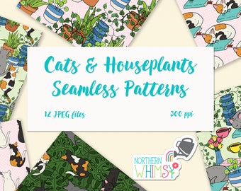 Cats and Houseplants Seamless Patterns / Digital Papers