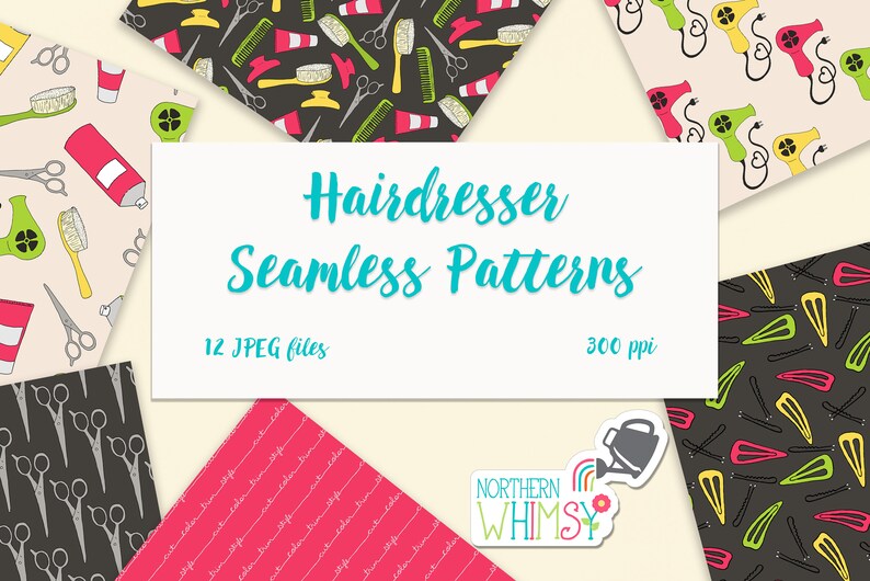 haircut stylist digital paper in pink green /& yellow. Hairdresser Seamless Patterns