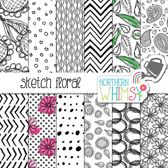 Floral Digital Paper black and white doodle flower seamless Etsy