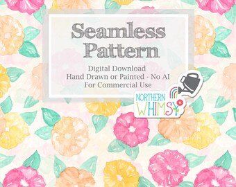 Painterly Watercolor Floral Seamless Pattern in Yellow, Pink, Peach & Green for Commercial Use