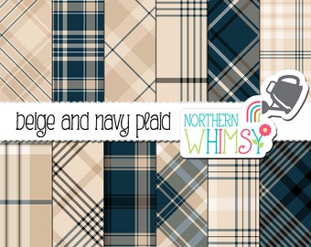 Navy and Beige Plaid Digital Paper - neutral plaid patterns
