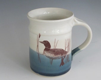 Loon in Water Mug, handmade pottery mug, ceramic mug, made to order