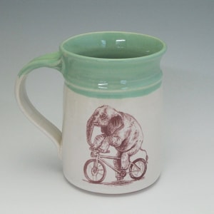 Elephant on Wheels, handmade ceramic mug, animal lover mug