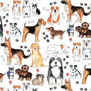May include: Watercolor illustration featuring various dog breeds in different poses. The dogs are depicted in a whimsical style with paw prints, bones, and red balls scattered around them. The color palette includes shades of brown, black, white, and tan.