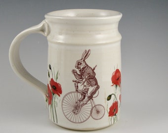 White Rabbit with Poppies Mug, Animals on wheels, pottery mug