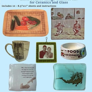 May include: A set of six ceramic and glass tiles with various images printed on them. The tiles are all square and have rounded corners. The images include a wicker basket with vegetables, two people sitting on a beach, a mug with a tree design, a framed photo of a family, a bowl with the words "Food Beverages" printed on it, and a tile with a diver underwater. The tiles are part of a laser printer image transfer kit for ceramics and glass. The kit includes 10 sheets of 8.5" x 11" transfer paper and instructions.
