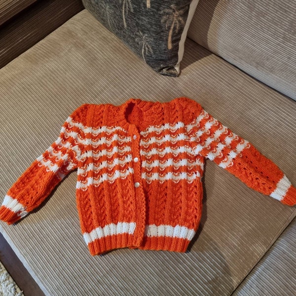 Hand Knitted ** Babys Toddlers  ** Acrylic  ** Orange **  Knit ** Cardigan ** Button Front ** Sweater **  12 mths