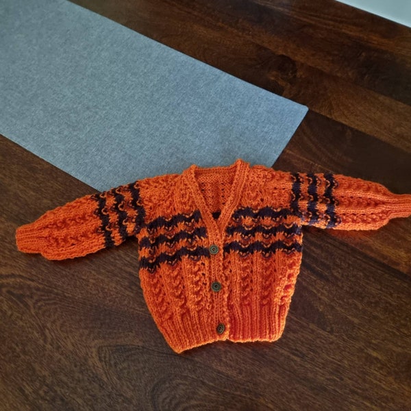 Hand Knitted ** Babys ** Wool Mix * orange and stripe **  Knit ** Cardigan ** Button Front ** Sweater **  6-9  mths