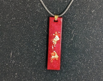 Thin rectangle pendant - Pendulum Resin pendant - Valentine's Day Red & Gold