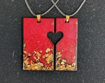 His & Her heart pendant - Pendulum Resin pendant - Valentine's Day Red and Gold
