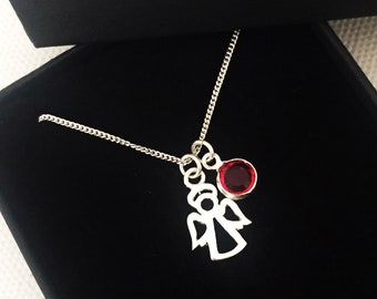 Sterlingzilveren geboortesteenketting engel, gepersonaliseerde sieraden
