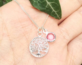 Delicado collar de plata de ley con el árbol de la vida, joyería personalizada con piedras de nacimiento.