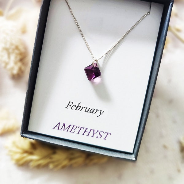 Silber Geburtsstein Halskette, Geburtstagsgeschenk, Geschenke für Freundin, Weihnachtsgeschenk, Jahrestagsgeschenk, Mutter Geschenk, Amethyst, Februar Geburtsstein, sie