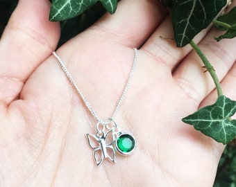 Sterling Silver Butterfly Birthstone Necklace, Personalized Charm
