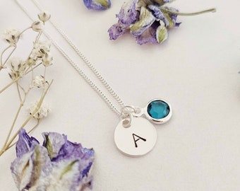 Silver necklace, birthstone necklace, personalised initial, gifts for her, personalised gifts, necklace for women, birthday, Christmas gifts