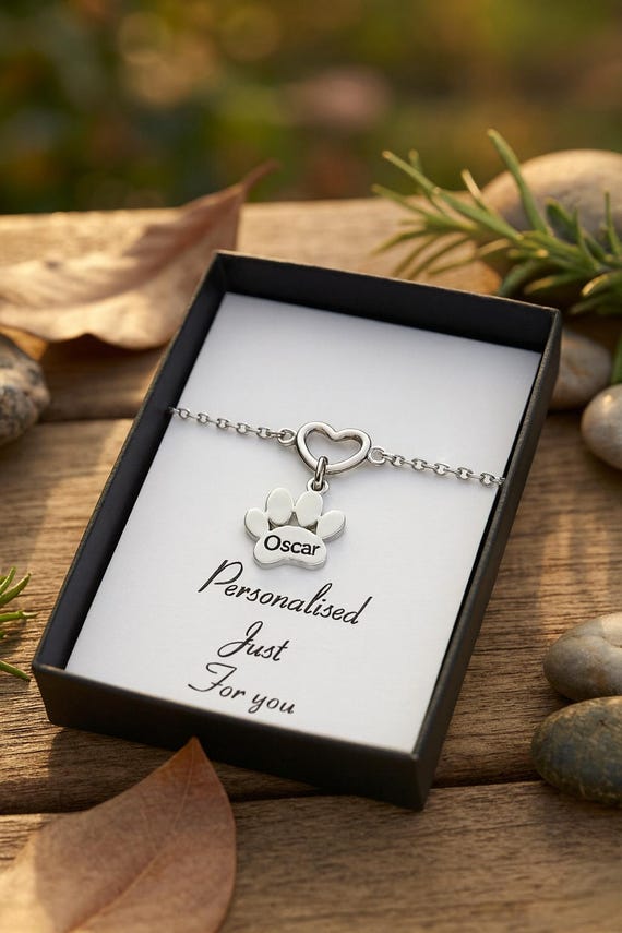 Personalized Sterling Silver Paw Print Bracelet • Pet Memorial Gift