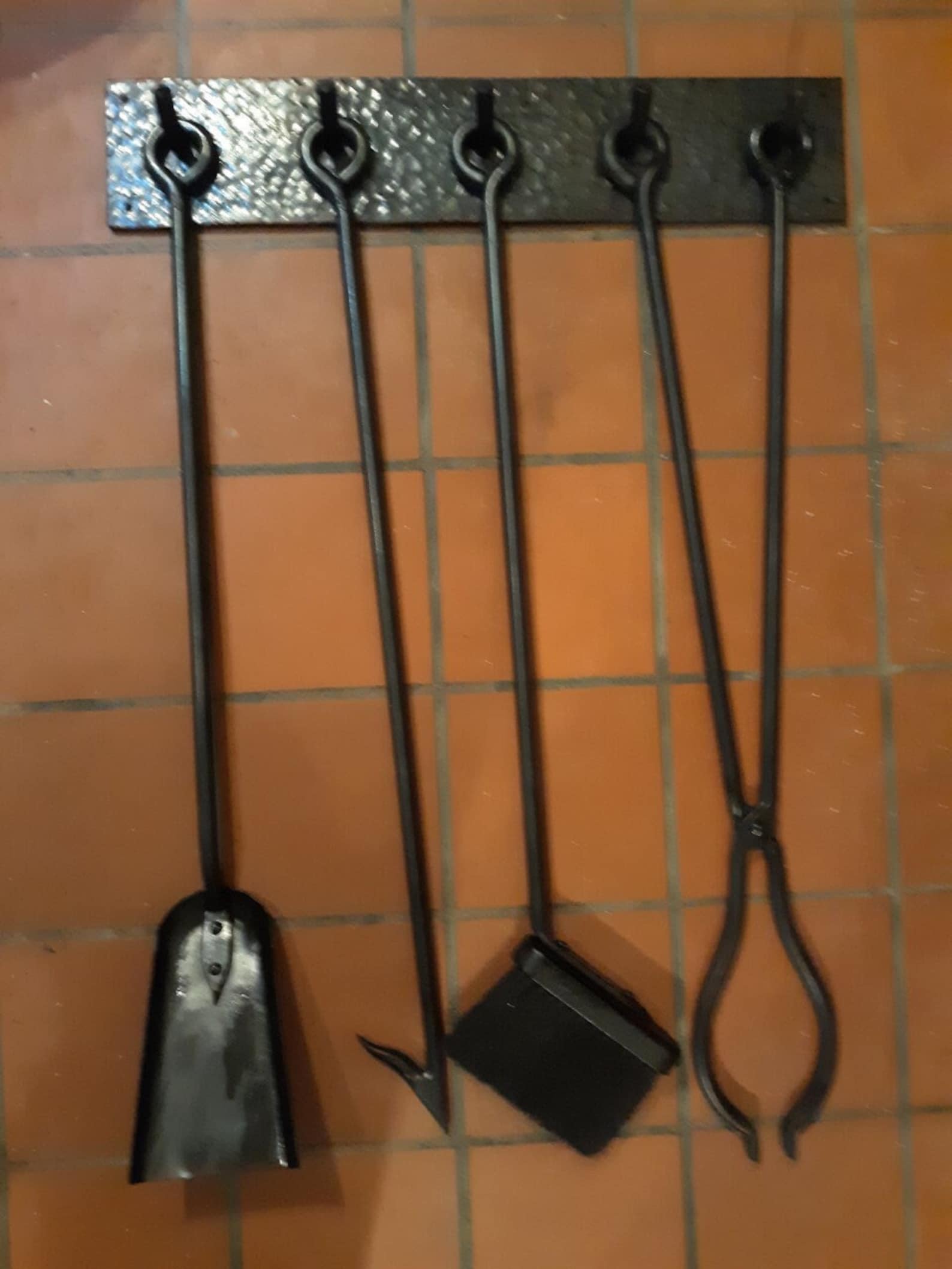 5 Piece Fireplace Set With Hooks Blacksmith Made Etsy