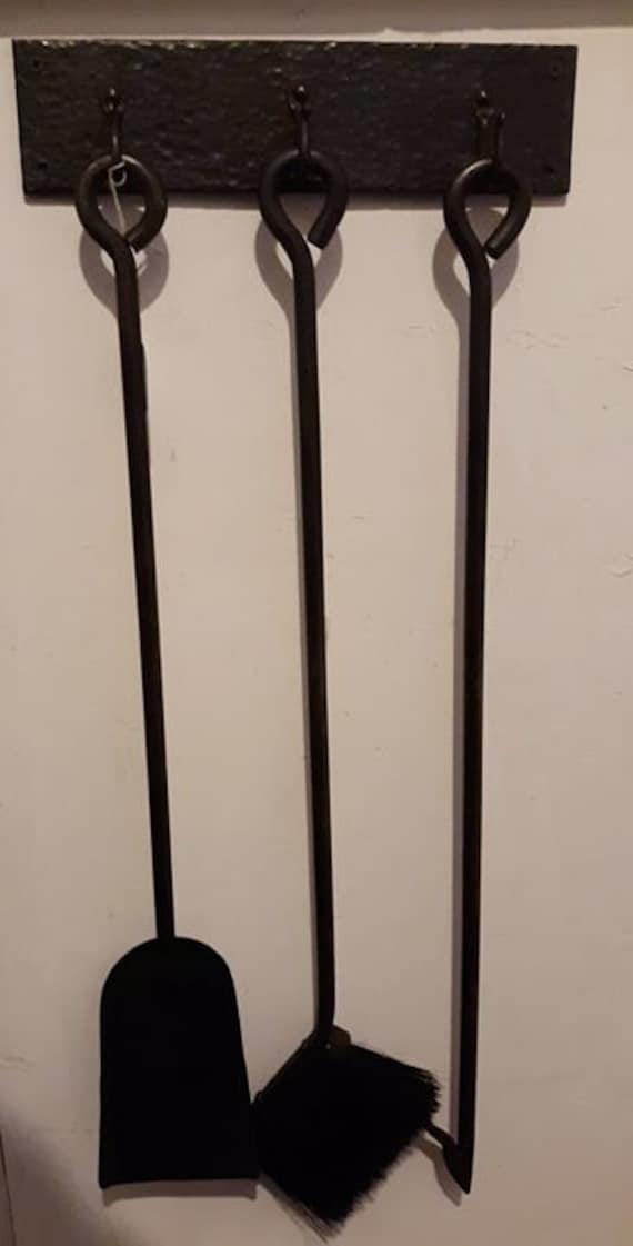 3 piece fireplace set with wall mounted hooks, blacksmith made