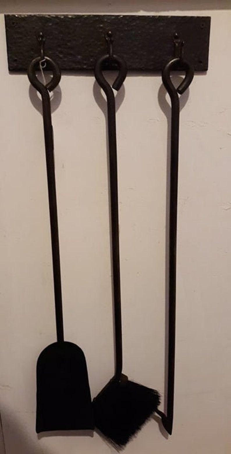 3 Piece Fireplace Set With Wall Mounted Hooks Blacksmith Made Etsy