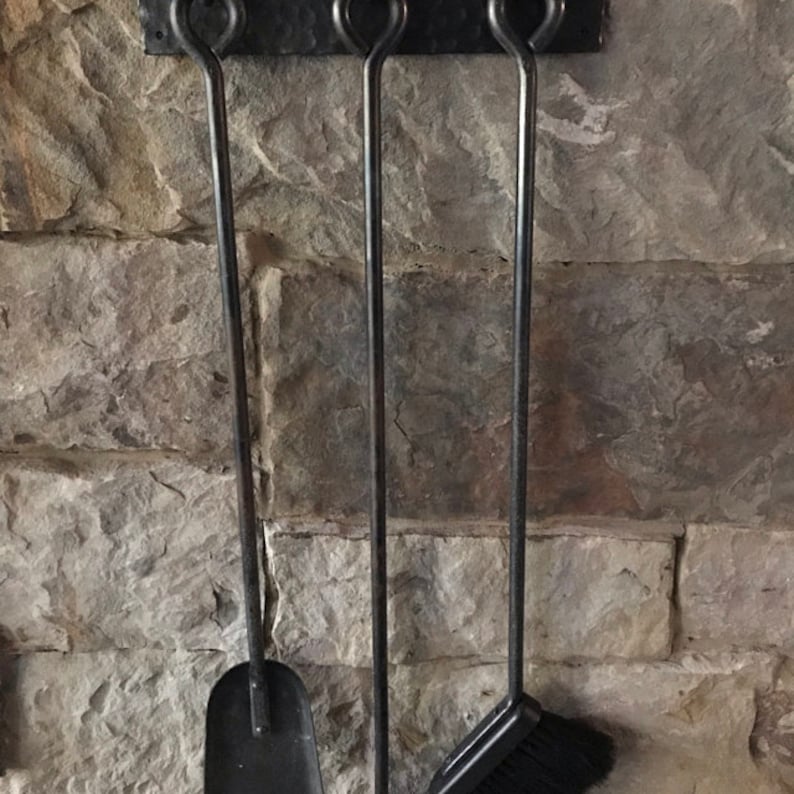 3 Piece Fireplace Set With Wall Mounted Hooks Blacksmith Made Etsy
