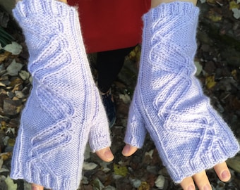 Lavender fingerless gloves, crossing cables, soft, warm, feminine, pretty, dainty, women's mitts, can order custom colors