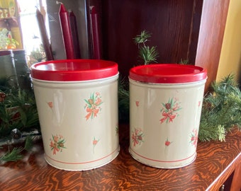 Mid Century Canister Set, Vintage Floral Canister Set, Red Flowers Canister Set, 1950's Canisters, 1950's Kitchen, Camper Kitchen Decor, RTS