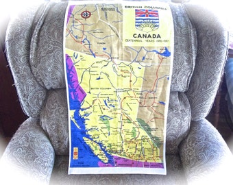 Canada Souvenir Towel, Vintage Linen Towel, Retro Linen Towel, Hand Painted Linen, Vintage Tea Towel, British Columbia Souvenir Towel, Gifts