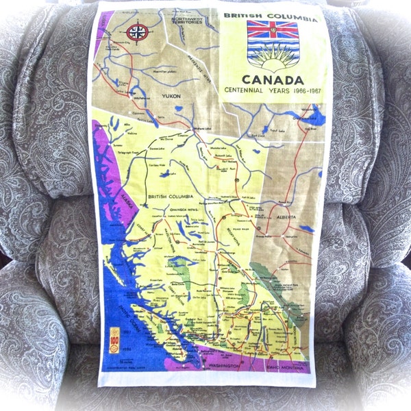 Canada Souvenir Towel, Vintage Linen Towel, Retro Linen Towel, Hand Painted Linen, Vintage Tea Towel, British Columbia Souvenir Towel, Gifts