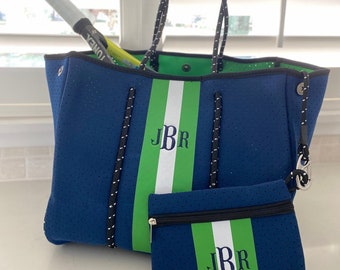 Neoprene tote bag Navy with Green Stripe Best Seller Beach Bag Tennis Bag Great for gift