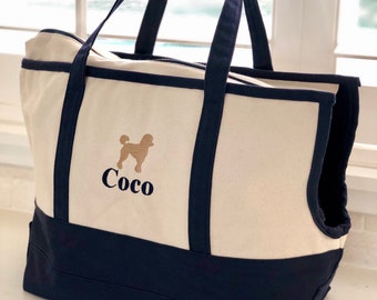 Personalized Dog Carrier Personalized Pet Carrier with cushion lining Natural and Navy col Great Quality Monogrammed Pet Bag