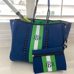 Neoprene tote bag Navy with Green Stripe Best Seller Beach Bag Tennis Bag Great for gift