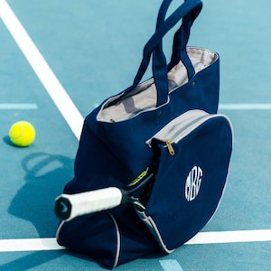 Tennis Mom Monogrammed Tennis Bag Personalized Tennis Tote Bag Top Zip Closure Tennis Tote Bag Great for a Gift Navy/Gray