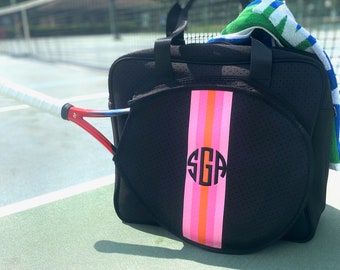 Personalized Neoprene tennis bag Black with Pink stripes Best Seller Tennis Bag Great for gift