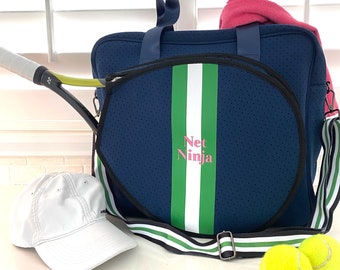 Monogrammed Neoprene tennis bag Navy with Green/White stripes Best Seller Tennis Bag Great for gift