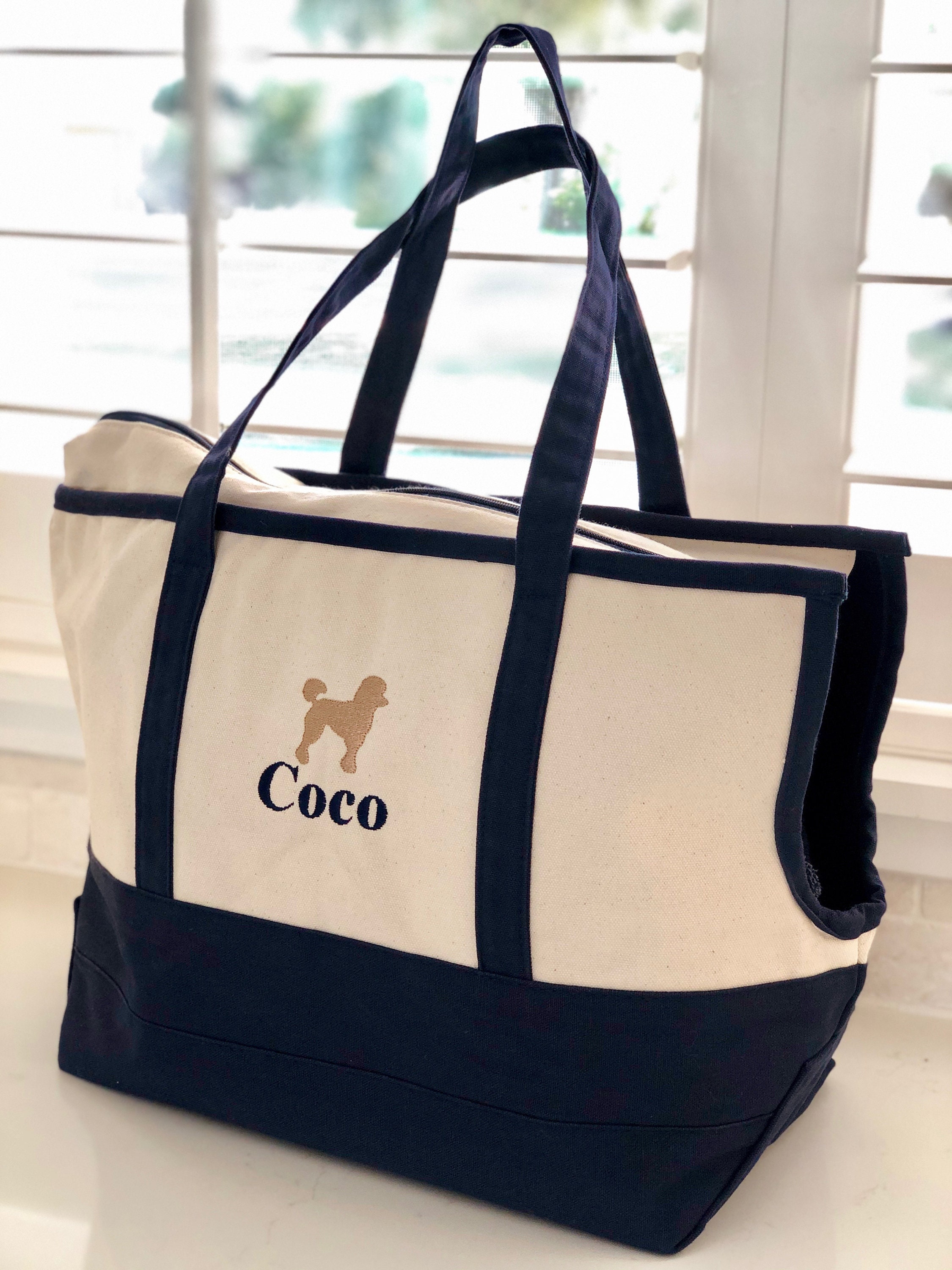 Personalized Dog Carrier Personalized Pet Carrier With Cushion Lining Natural and Navy Col Great Quality Monogrammed Pet Bag Etsy