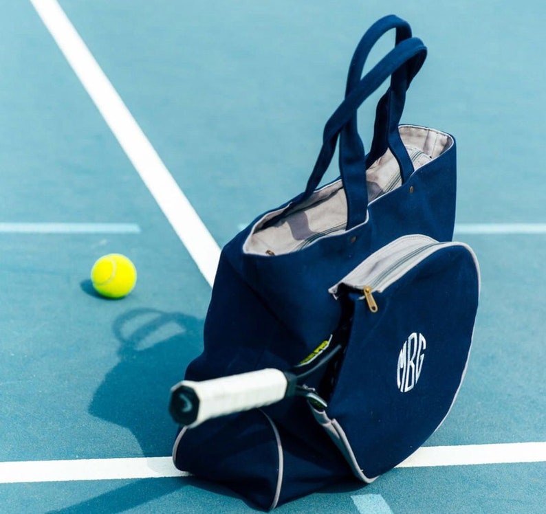 Tennis Mom Monogrammed Tennis Bag Personalized Tennis Tote Bag Top Zip Closure Tennis Tote Bag Great for a Gift Navy/Gray