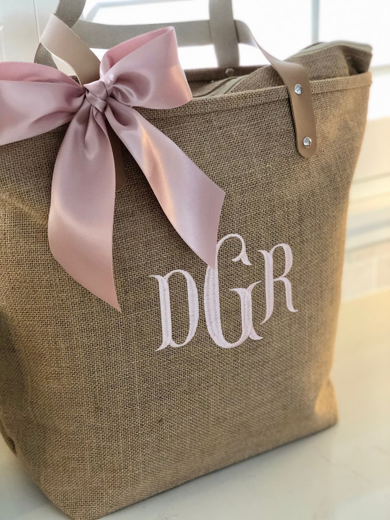 Monogrammed Jute Burlap Tote Bag Personalized Natural Jute Etsy