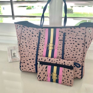 Neoprene tote bag leopard with pink gold stripe Best Seller Beach Bag Tennis Bag Great for gift