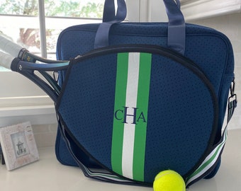 Monogrammed Neoprene Tennis bag Navy with Green/White stripes Best Seller Tennis Bag Great for gift