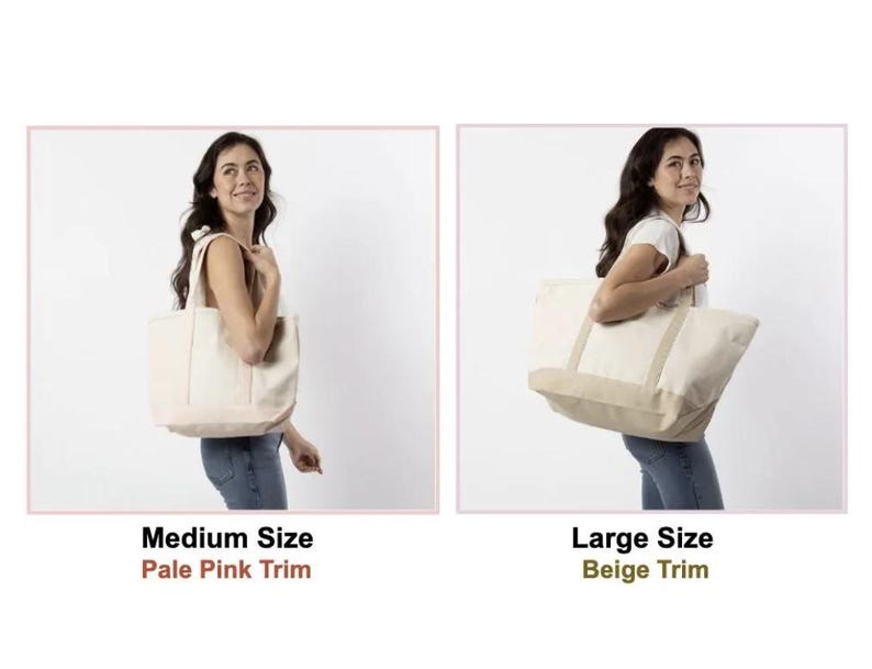 May include: A medium-sized canvas tote bag with pale pink trim and a large-sized canvas tote bag with beige trim. Both bags feature a rectangular structure, dual shoulder straps, and a reinforced base panel in their respective trim colours.