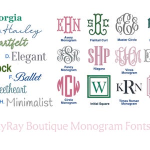 May include: A font and monogram style guide titled JaxyRay Boutique Monogram Fonts List. It displays eight lettered font options from A to H and twelve labelled monogram designs including Avery, Fishtail, Master Circle, Diamond, and others.