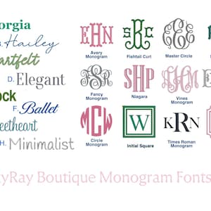 Op de afbeelding: Een lettertype- en monogramgids getiteld JaxyRay Boutique Monogram Fonts List. Het toont acht lettertype-opties van A tot H en twaalf gelabelde monogramontwerpen, waaronder Avery, Fishtail, Master Circle, Diamond en diverse andere stijlen.
