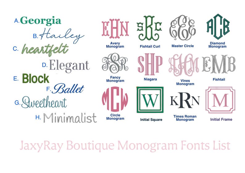 Op de afbeelding: Een lettertype- en monogramgids getiteld JaxyRay Boutique Monogram Fonts List. Het toont acht lettertype-opties van A tot H en twaalf gelabelde monogramontwerpen, waaronder Avery, Fishtail, Master Circle, Diamond en diverse andere stijlen.