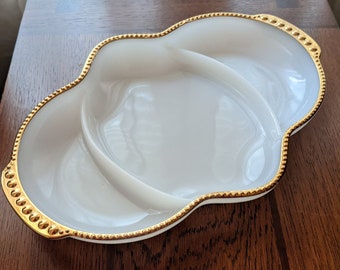 Anchor Hocking, Milk Glass, Fireside Divided Dish, Gold Trimmed Milk Glass, Collectible Milk Glass, Vintage Glass, Wedding Dish