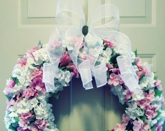 Wedding Wreath, Pink and White Wreath, Hydrangea Wreath, Grapevine Wreath, Wedding Decoration, Wreath, Silk Flower Wreath, Door Wreath