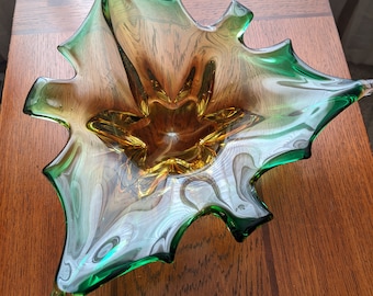 Murano Blown Glass, Murano, Vintage Leaf Dish, Mid Century Leaf Dish, Green and Amber Vintage Dish, Leaf Styled Blown Glass Dish, Emerald